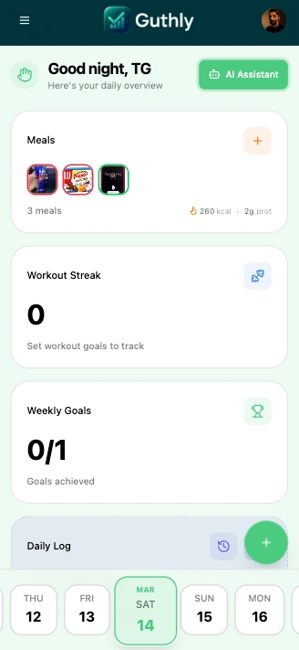 Guthly dashboard screen — daily habits overview and progress tracking